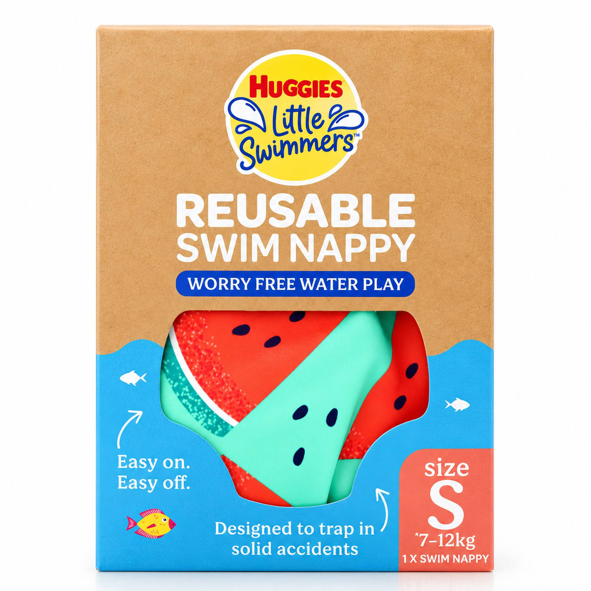 Huggies Little Swimmers Reusable Swim Nappy in size S, shown in its original retail packaging. The packaging features a brown kraft paper top half with the yellow and blue Huggies logo, and a blue bottom half with product details and a clear window displaying the watermelon-patterned reusable nappy inside.