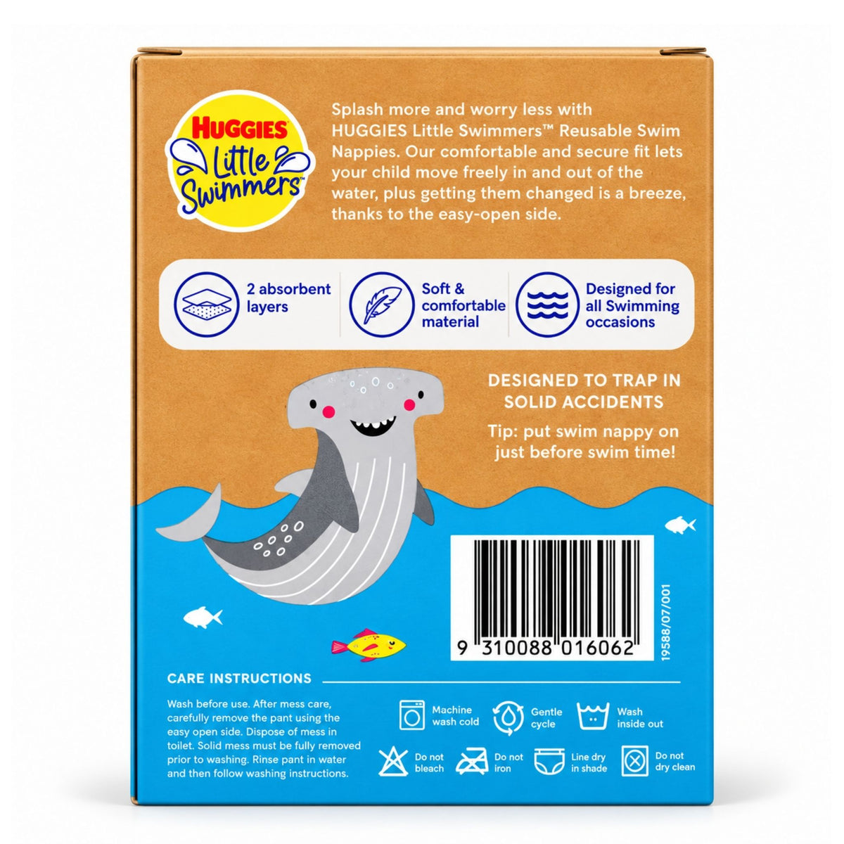 The back of a Huggies Little Swimmers reusable swim nappy box, featuring a brown cardboard top half with product text and a cartoon shark, and a blue bottom half with care instructions and icons.