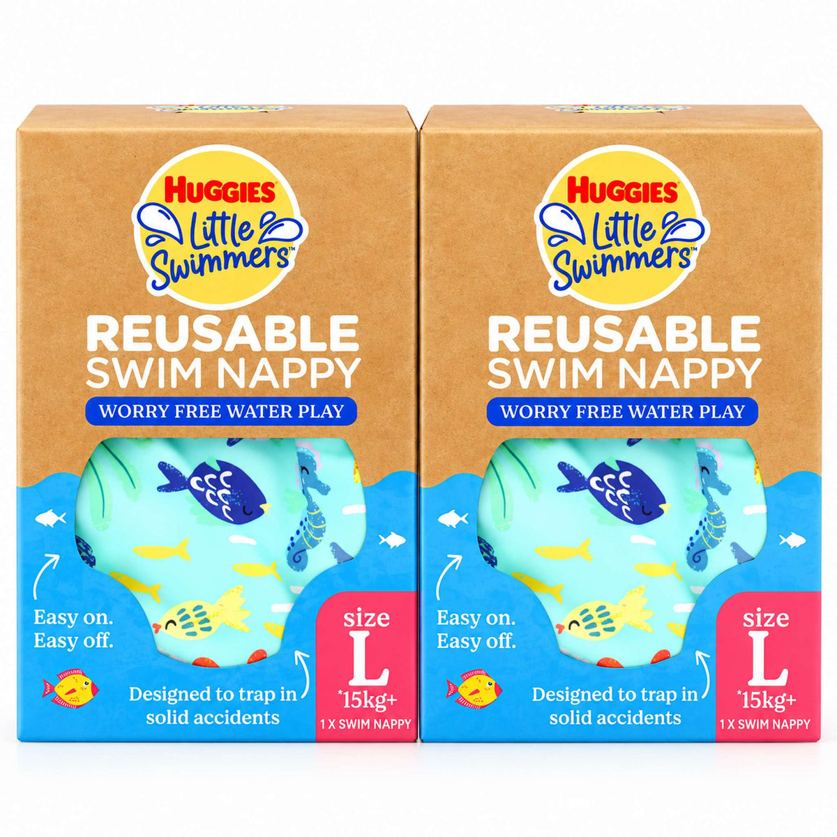 Two boxes of Huggies Little Swimmers Reusable Swim Nappy size L, shown side by side on a plain white background. The packaging is brown kraft paper with blue water-themed graphics and a circular window showing the light blue swim nappy inside.