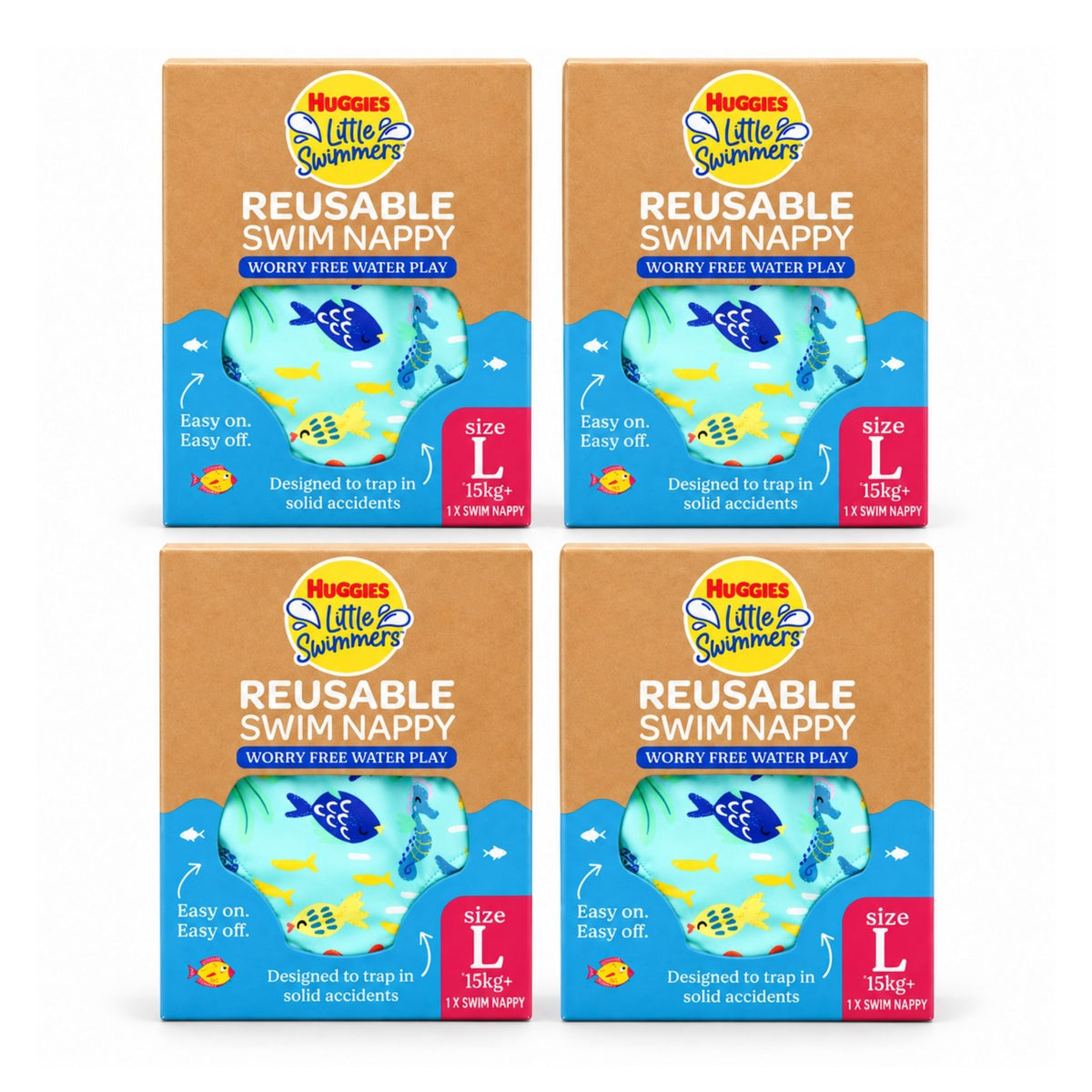 Four boxes of Huggies Little Swimmers Reusable Swim Nappy size L arranged in a 2x2 grid on a white background.