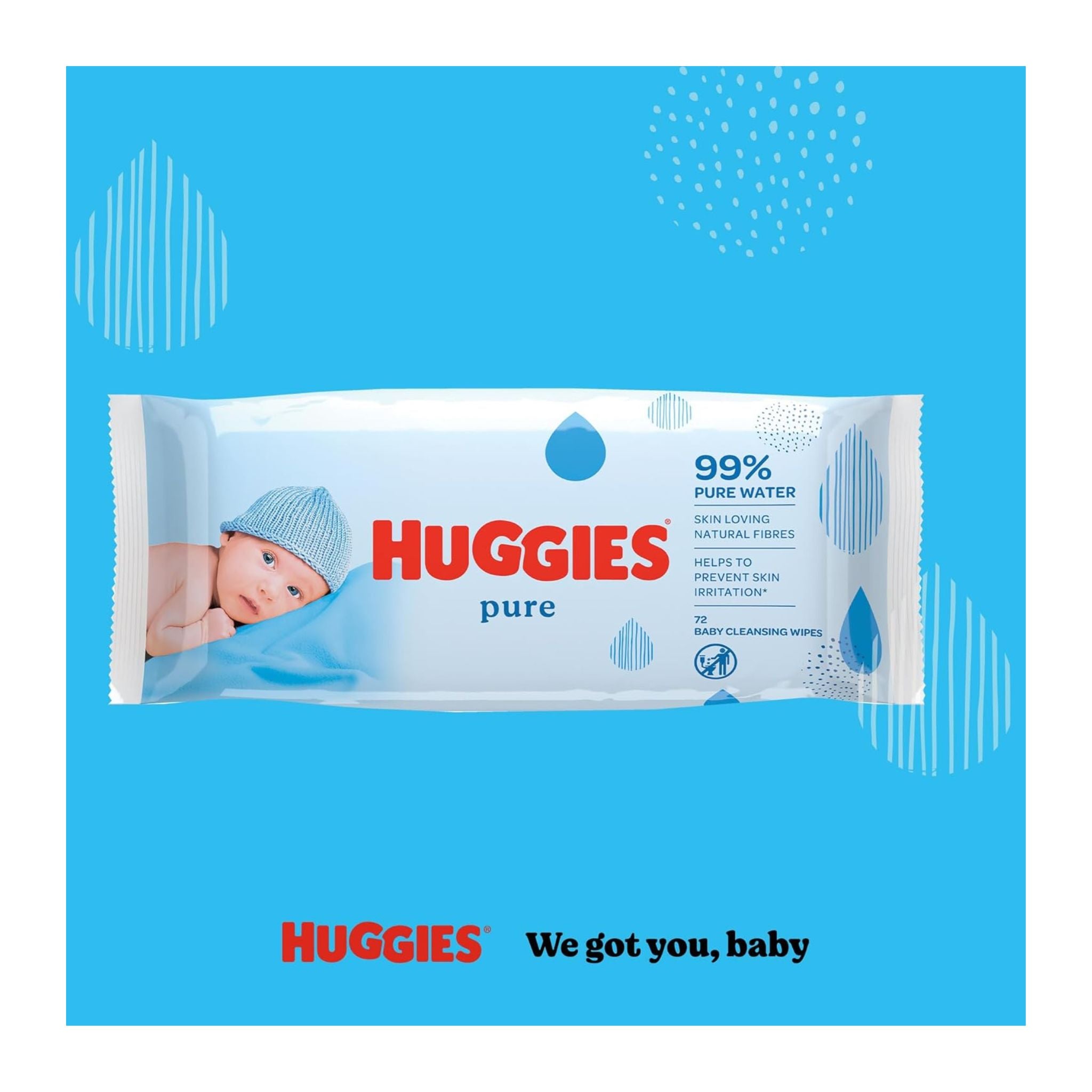 Huggies pure baby wipes packaging on a blue background