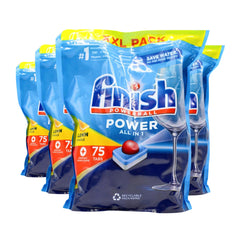 Multiple packages of Finish Powerball dishwasher tabs on a white background