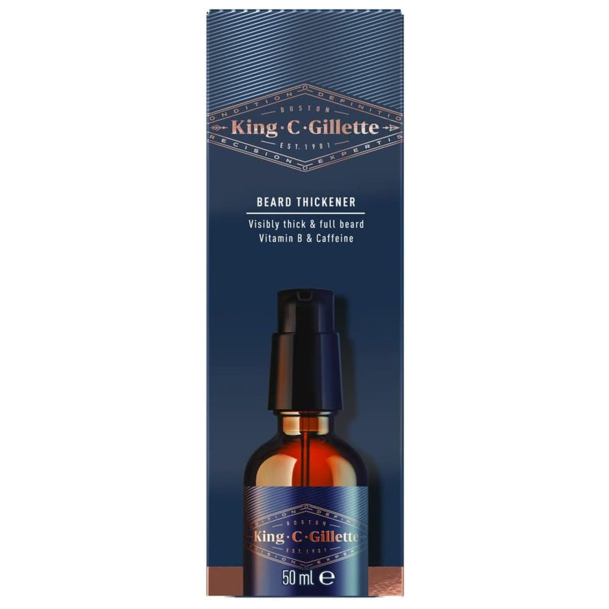 A bottle of King C. Gillette Beard Thickener with Vitamin B & Caffeine, 50ml, packaging with blue and brown colors and branding information.