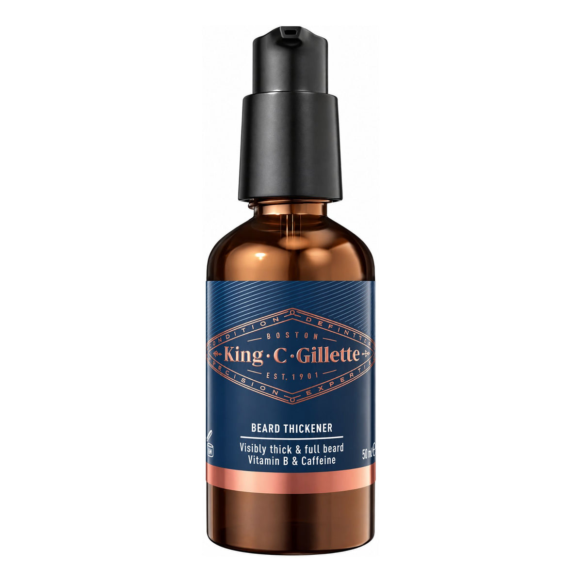 King C Gillette Beard Thickener in an amber glass bottle with a black pump dispenser and a navy blue label.