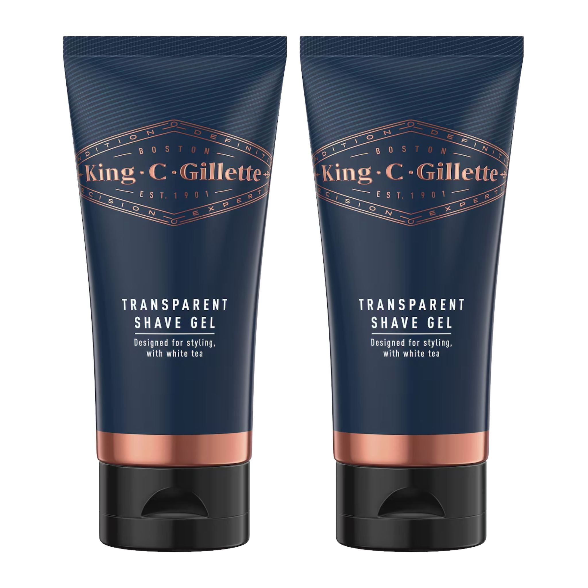 Two tubes of King C. Gillette transparent shave gel on a white background