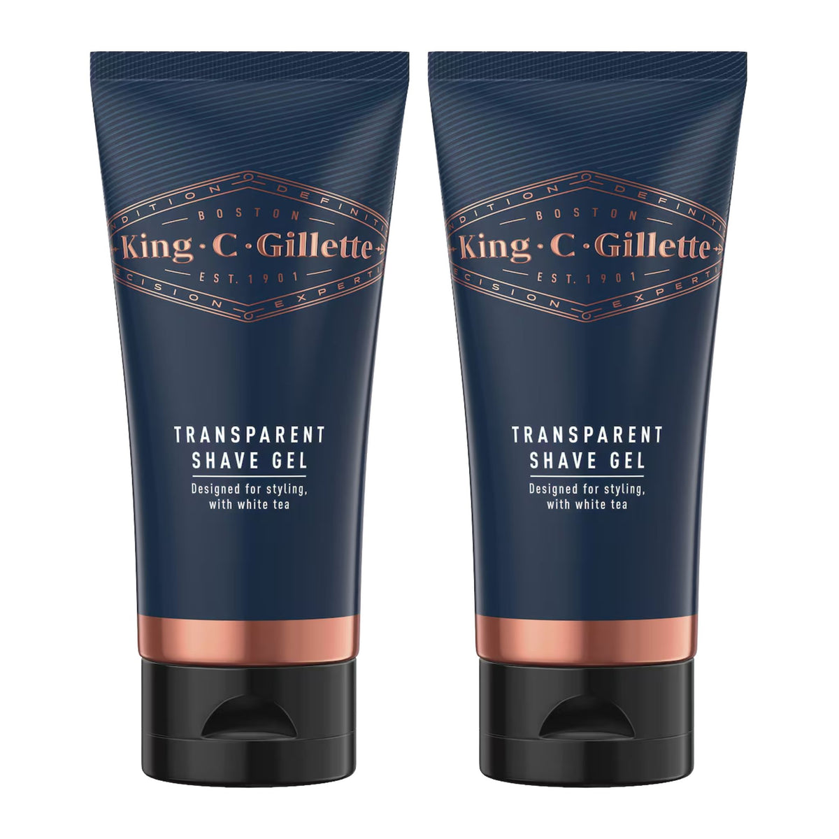 Two tubes of King C. Gillette transparent shave gel on a white background