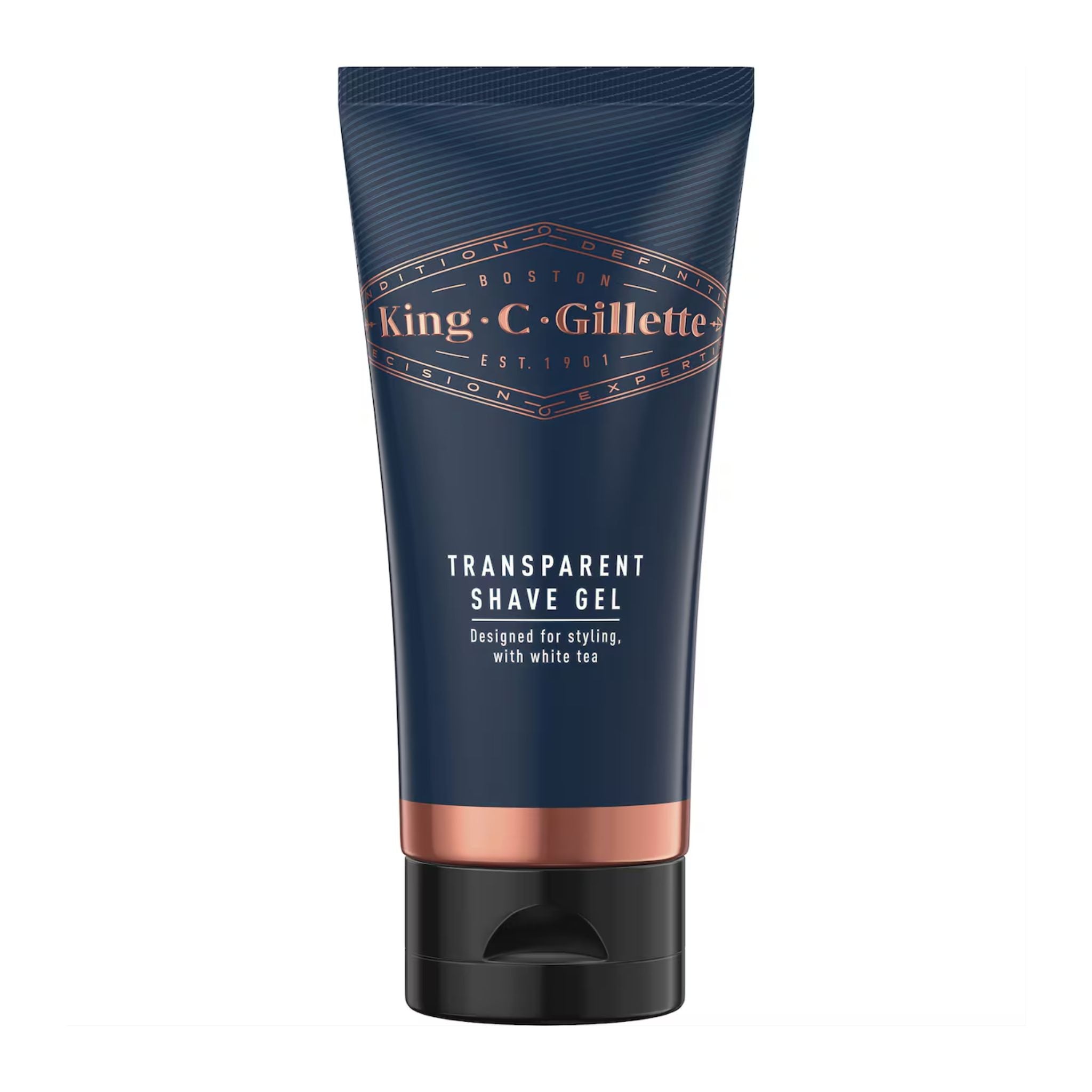 King C. Gillette transparent shave gel tube on a white background