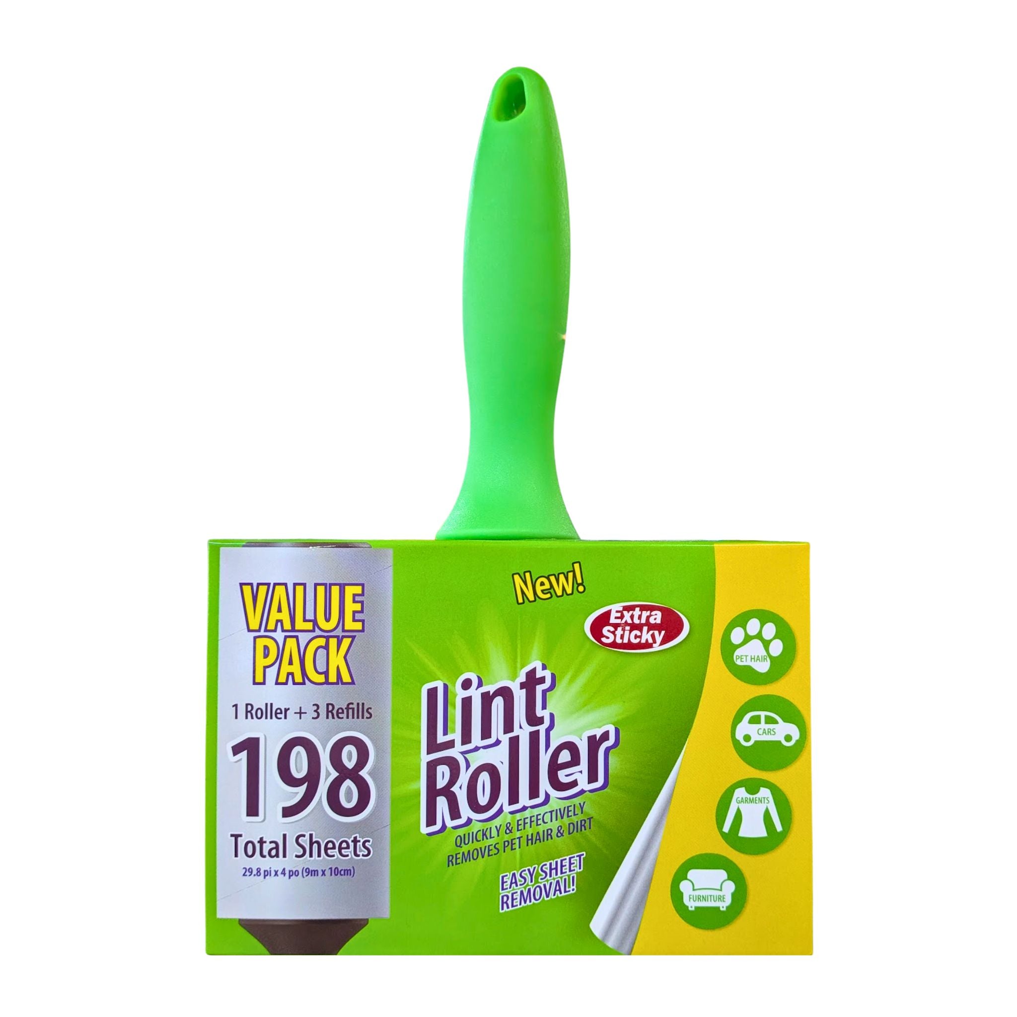Lint roller with green handle and packaging on a white background