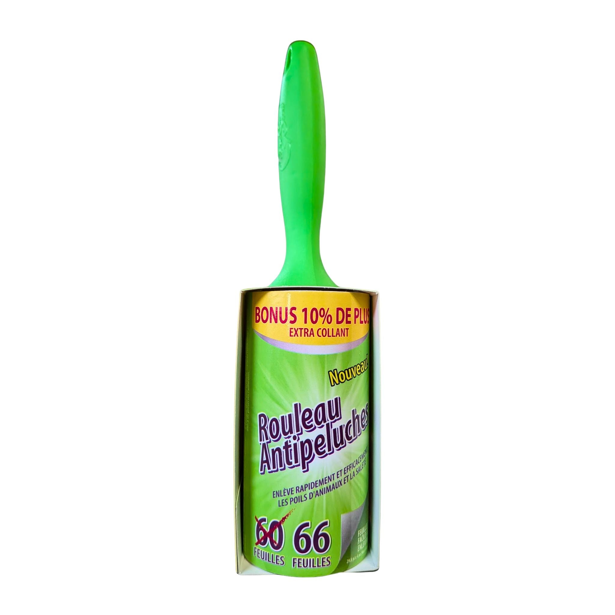 Green lint roller with a white background