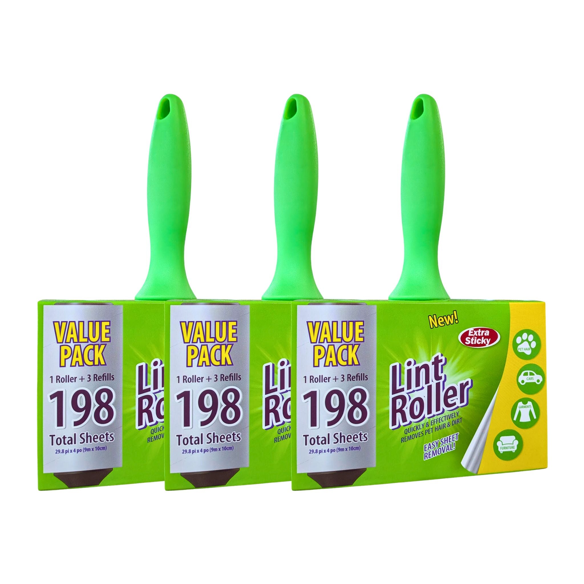 Four packages of Lint Roller with green handles on a white background