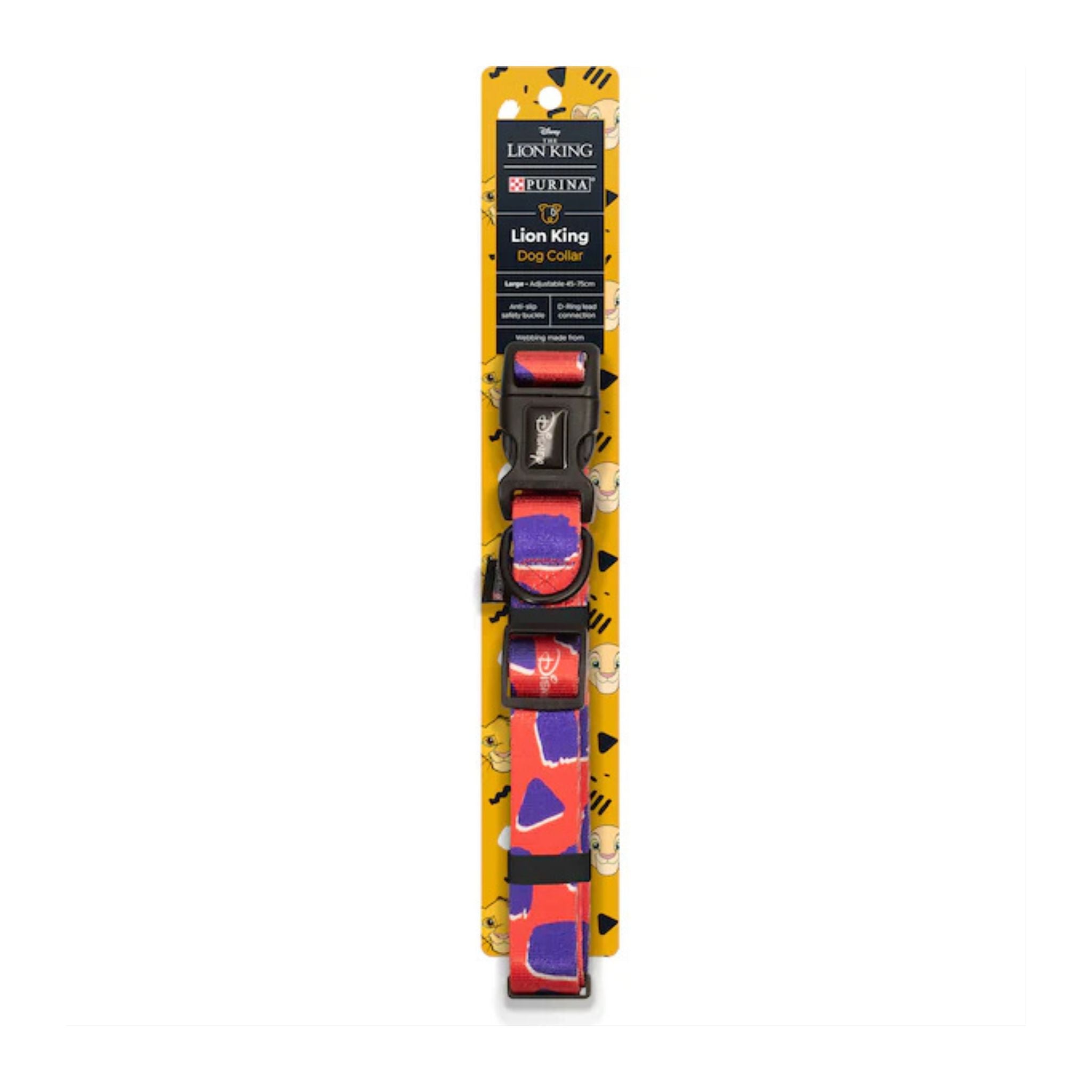 Purina Disney Lion King Dog Collar in red with purple geometric brushstroke pattern, large size 45–75cm.