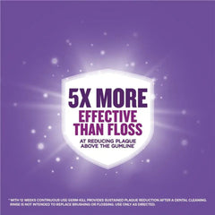 Promotional graphic for dental product with text about effectiveness on a purple background