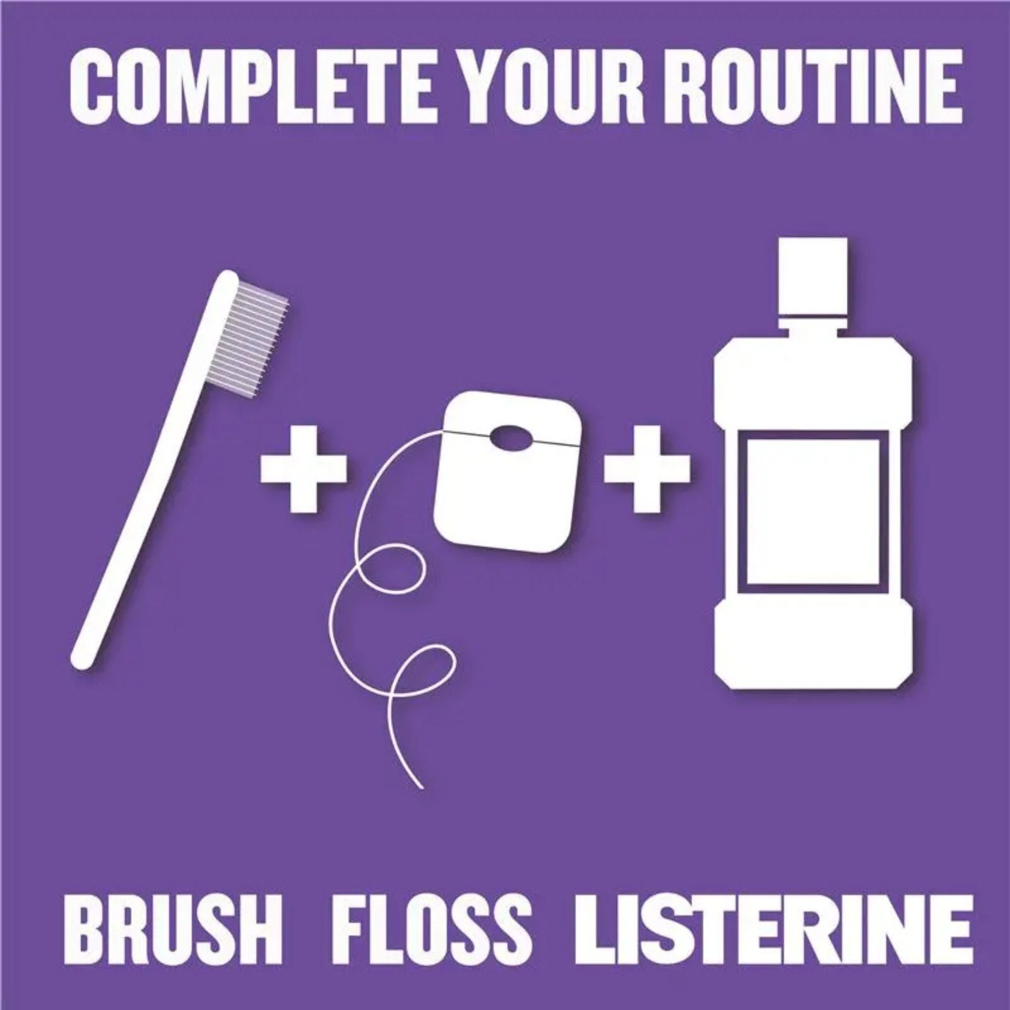 Promotional graphic for dental care routine with toothbrush, floss, and mouthwash on a purple background.