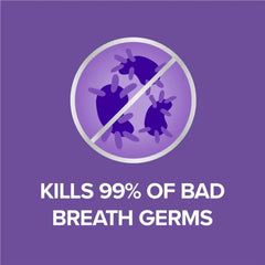 Purple background with a graphic of germs being eliminated and text 'KILLS 99% OF BAD BREATH GERMS'.