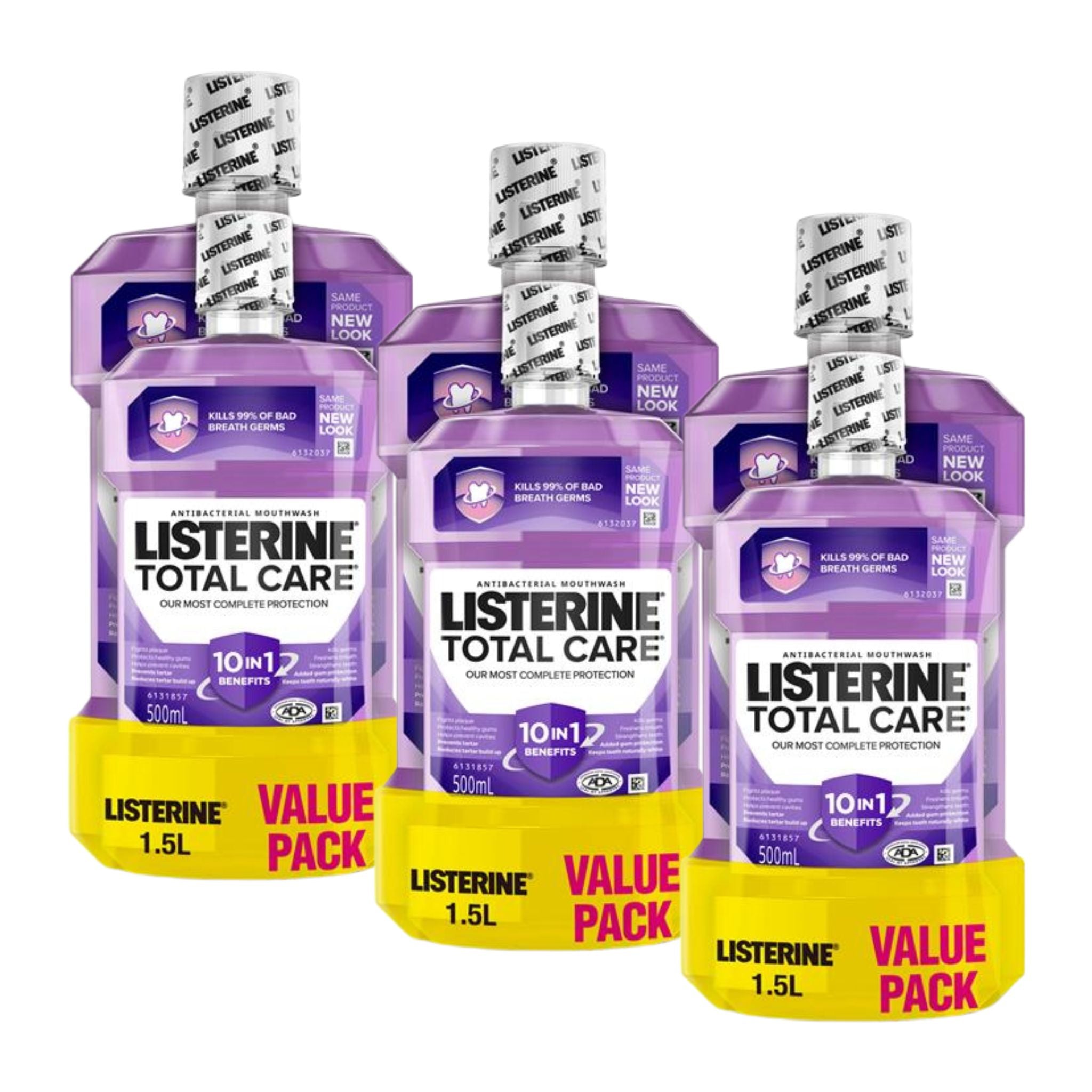 Three bottles of Listerine Total Care mouthwash with purple packaging and yellow labels on a white background.