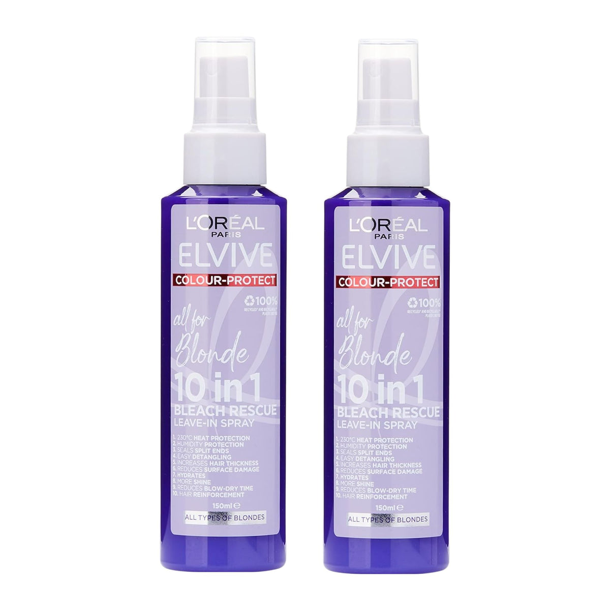 Two bottles of L'Oreal Elvive Colour Protect 10 in 1 Bleach Rescue Leave-In Spray on a white background