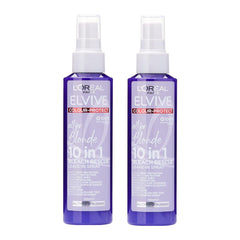 Two bottles of L'Oreal Elvive Colour Protect 10 in 1 Bleach Rescue Leave-In Spray on a white background