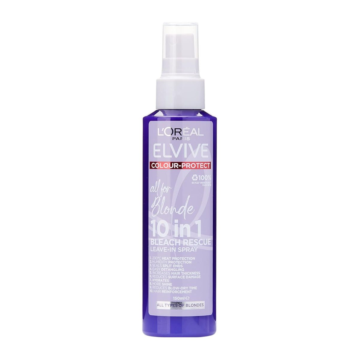 L'Oreal Elvive Colour Protect bleach rescue spray bottle on a white background