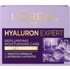 Packaging of L'Oreal Paris Hyaluron Expert Night Cream Mask, highlighting the product's benefits such as smoothing wrinkles and intense hydration.