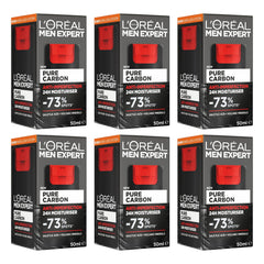 Six boxes of L'Oreal Men Expert Pure Carbon Moisturizer on a white background