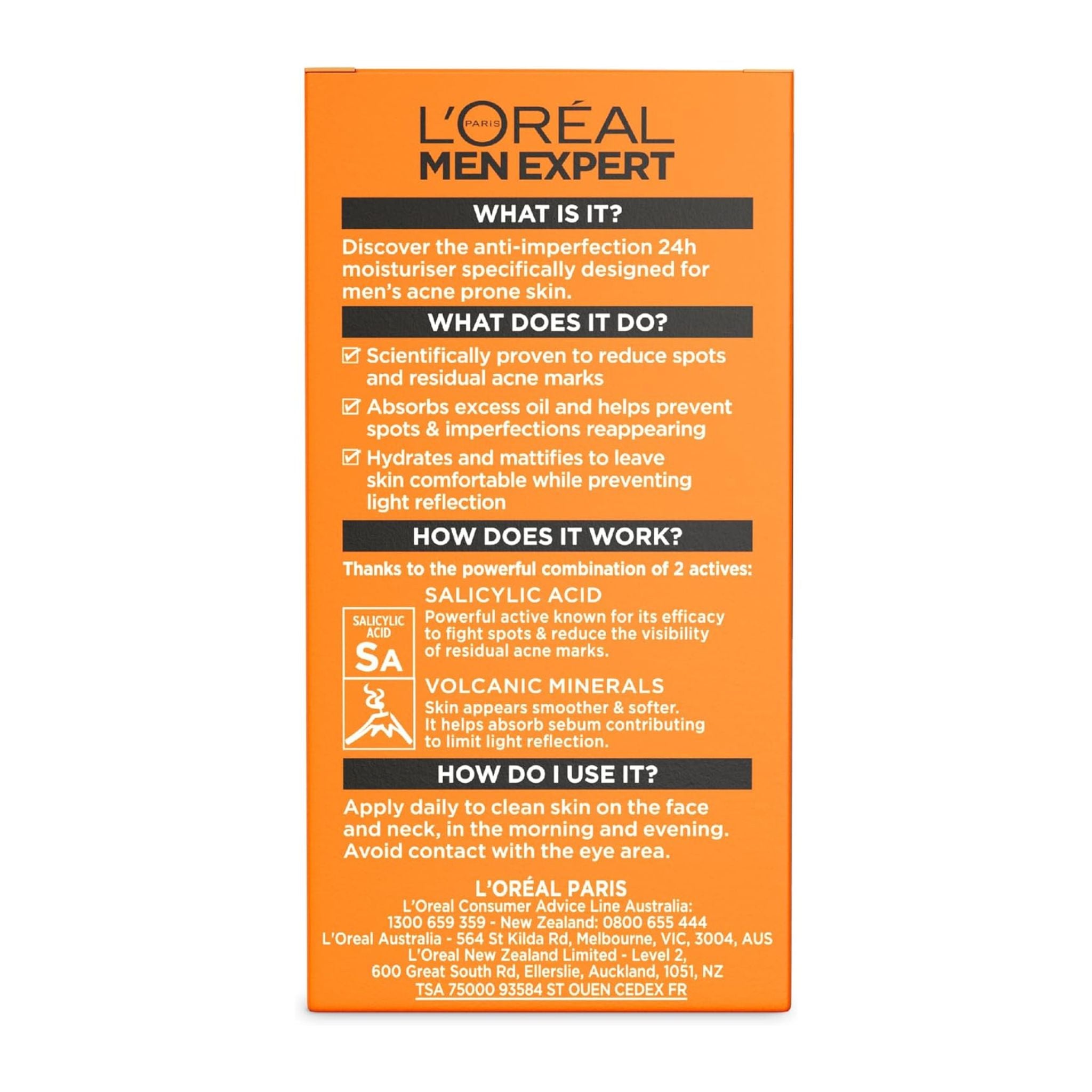 L'Oreal Men Expert product packaging with text on an orange background