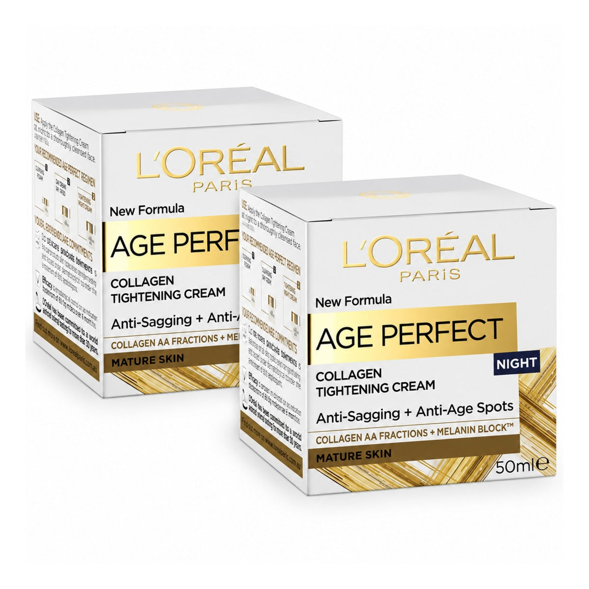 Two L'Oréal Paris Age Perfect Collagen Tightening Cream 50ml boxes shown on a clean white background.