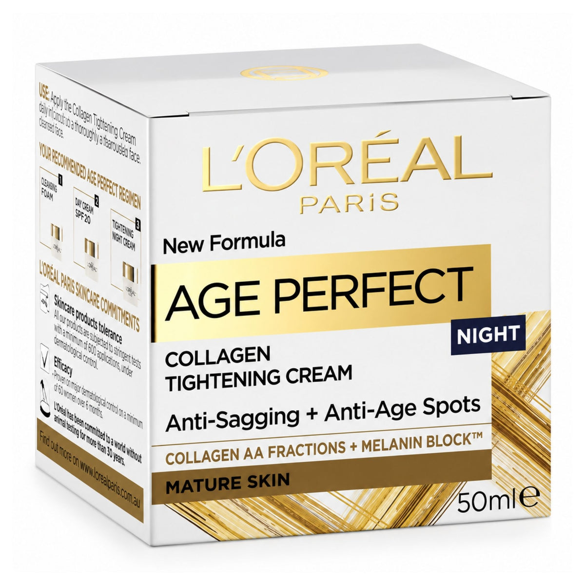 L'Oréal Paris Age Perfect Night Collagen Tightening Cream 50ml box, featuring a white and gold design with black text, shown on a clean white background.