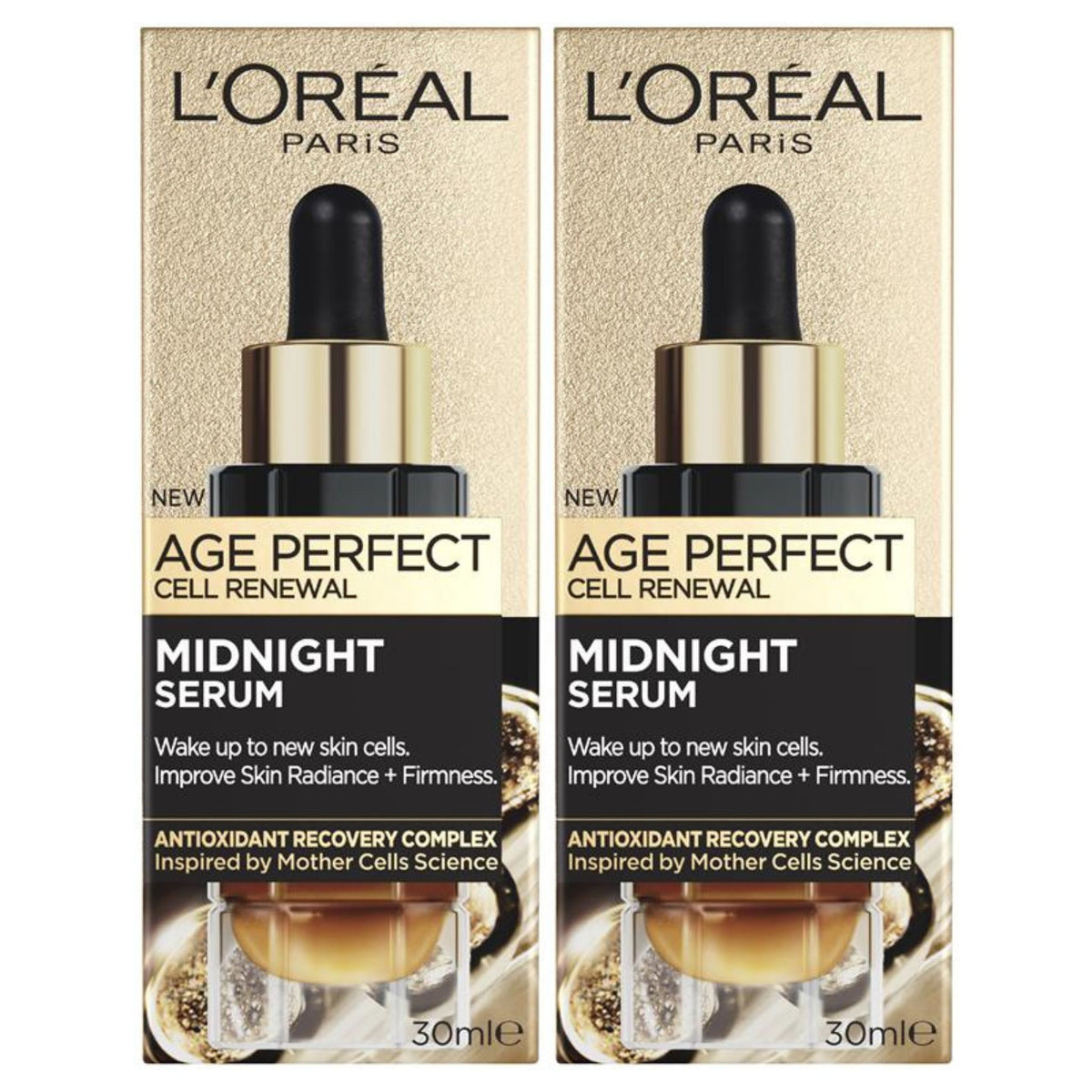 L’Oréal Paris Age Perfect Midnight Serum duo pack shown from the front