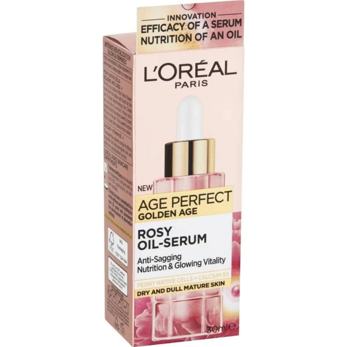 L'Oreal Paris Age Perfect Golden Age Rosy Oil-Serum packaging with a transparent window showing the product bottle inside.