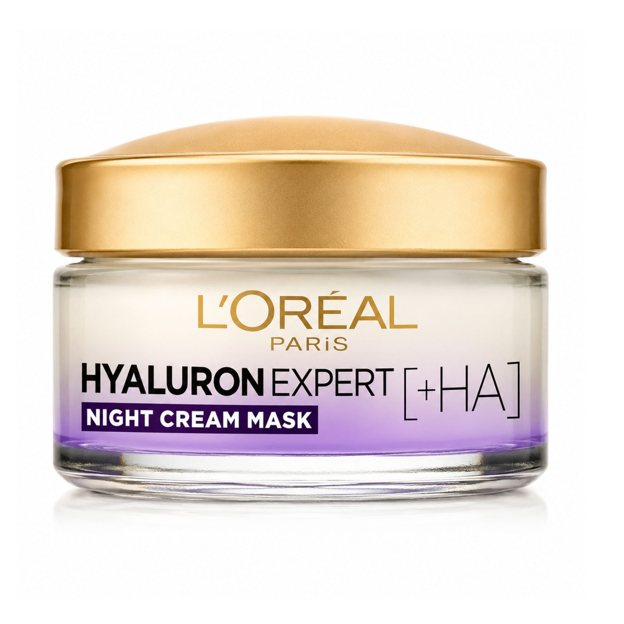 L'Oréal Paris Hyaluron Expert [+HA] Night Cream Mask in a clear glass jar with a metallic gold lid and a purple accent band, shown on a white background.