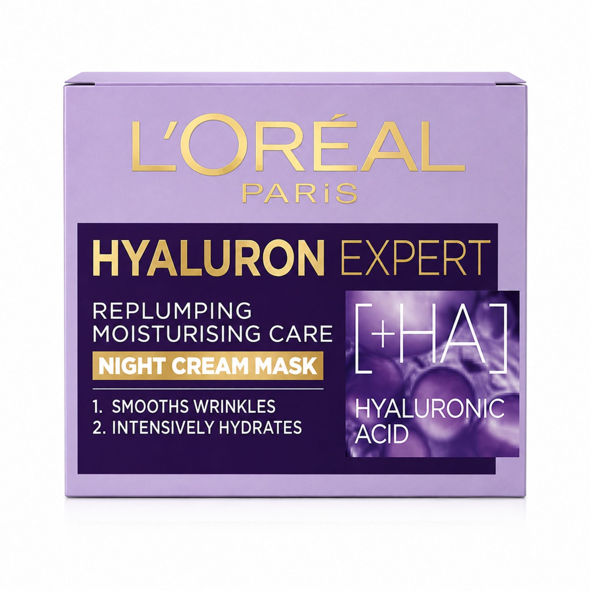 L'Oréal Paris Hyaluron Expert Night Cream Mask box in purple with gold and white text, on a white background.