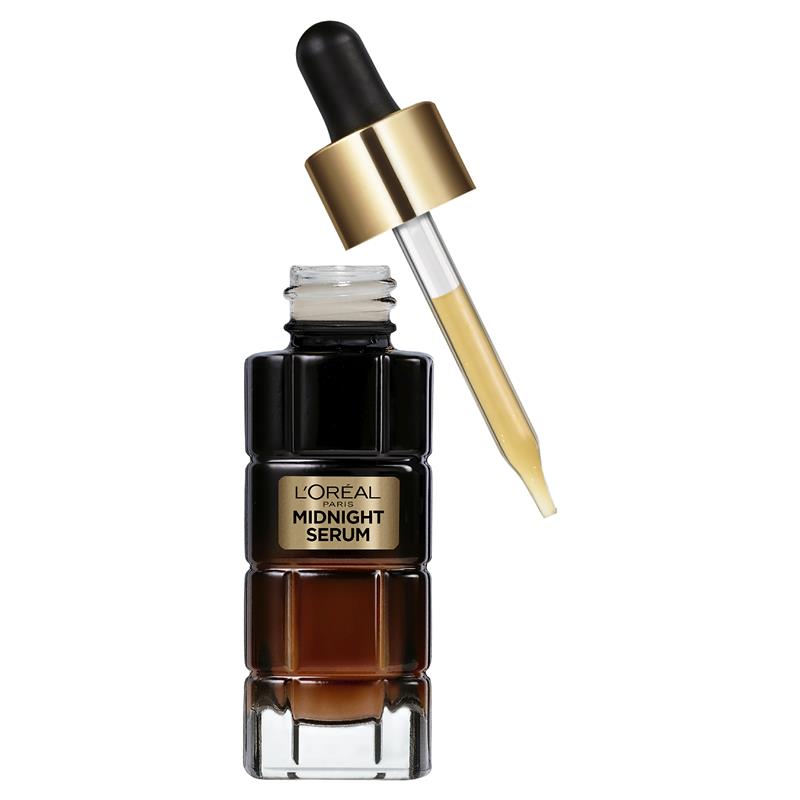 L’Oréal Paris Midnight Serum bottle with dropper applicator showing serum texture