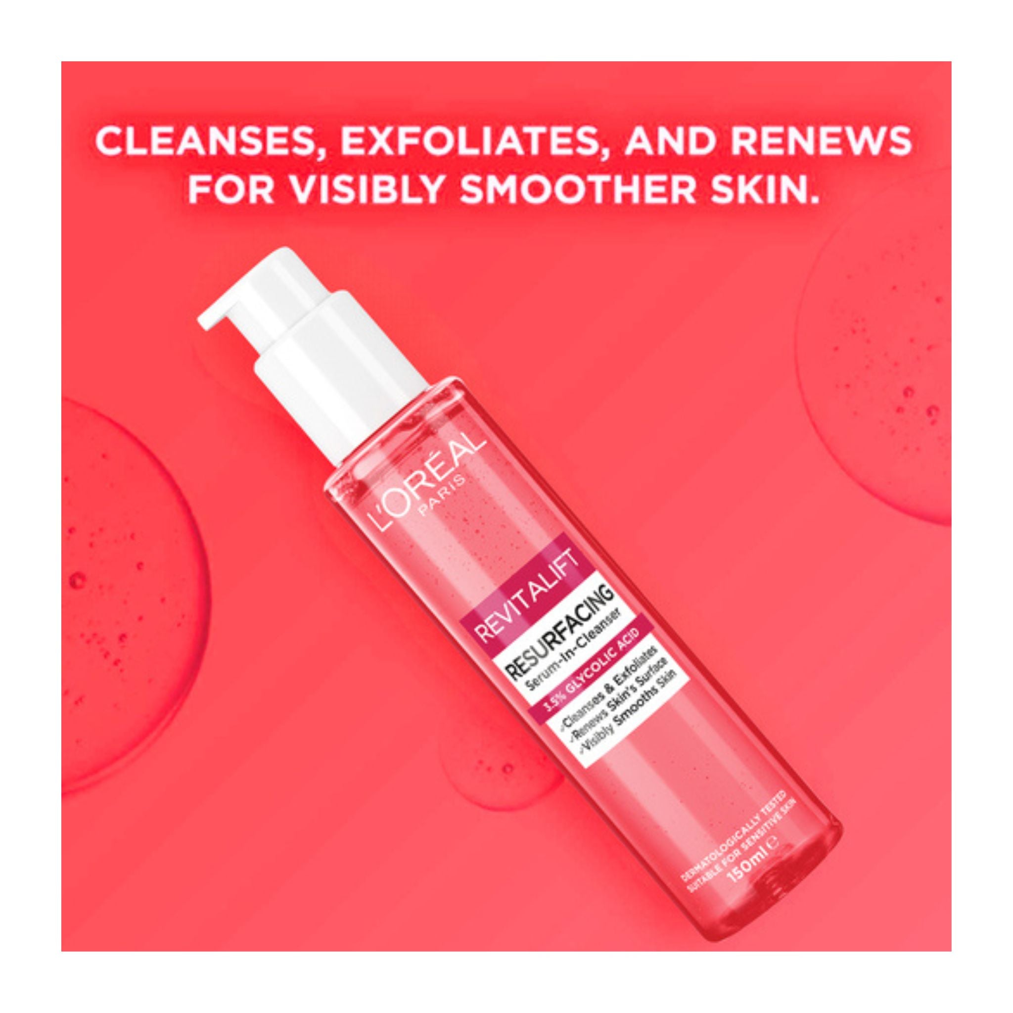 L'Oreal Revitalift skincare serum bottle on a red background with text about skin benefits.