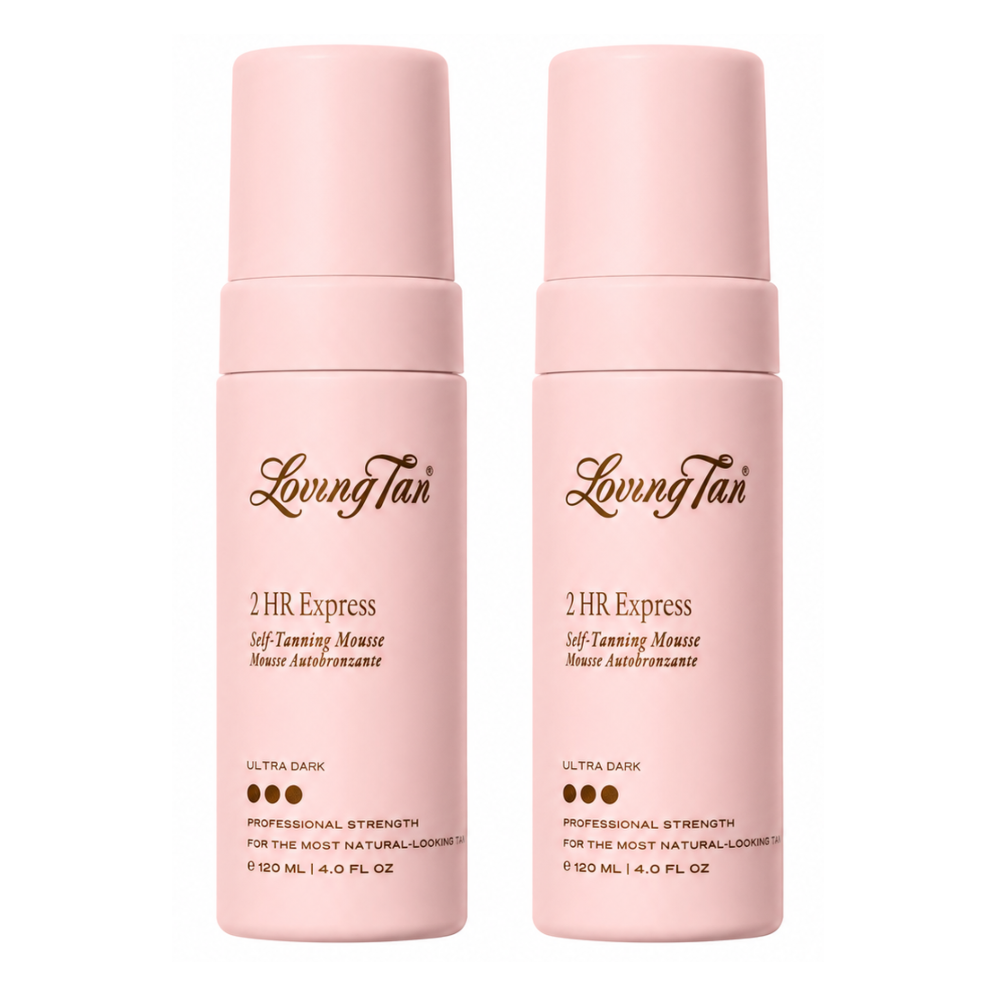 Two pink bottles of Loving Tan 2 HR Express Self-Tanning Mousse side by side on a white background.