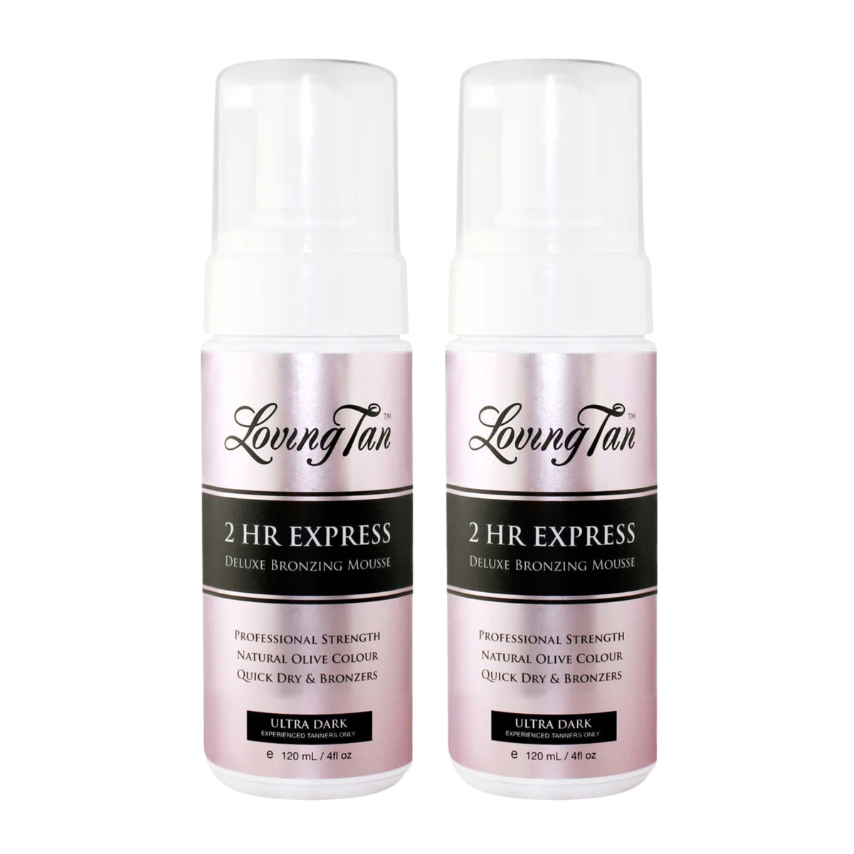 Two bottles of Loving Tan 2 HR Express Deluxe Bronzing Mousse on a white background