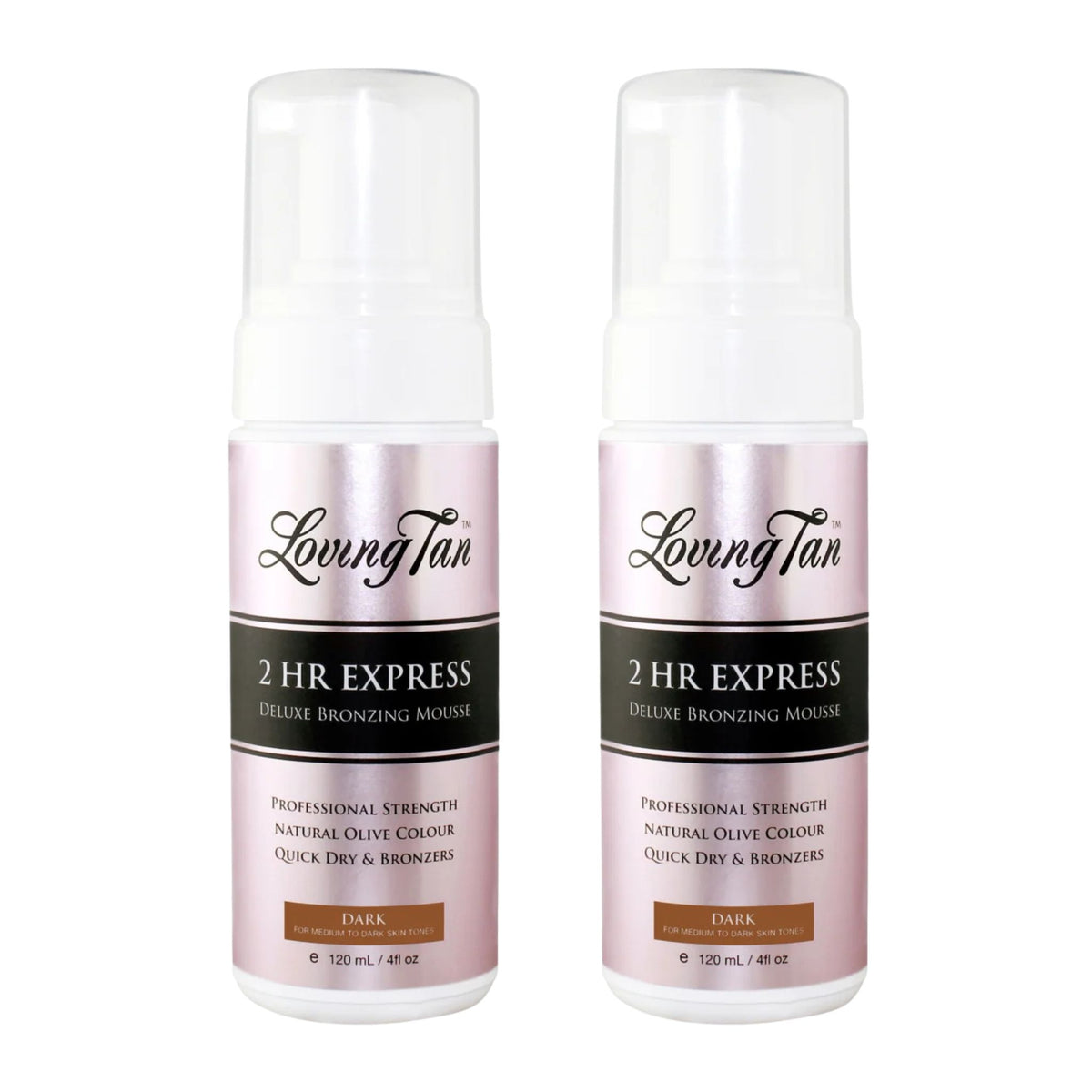 Two bottles of Loving Tan 2 HR Express Deluxe Bronzing Mousse on a white background