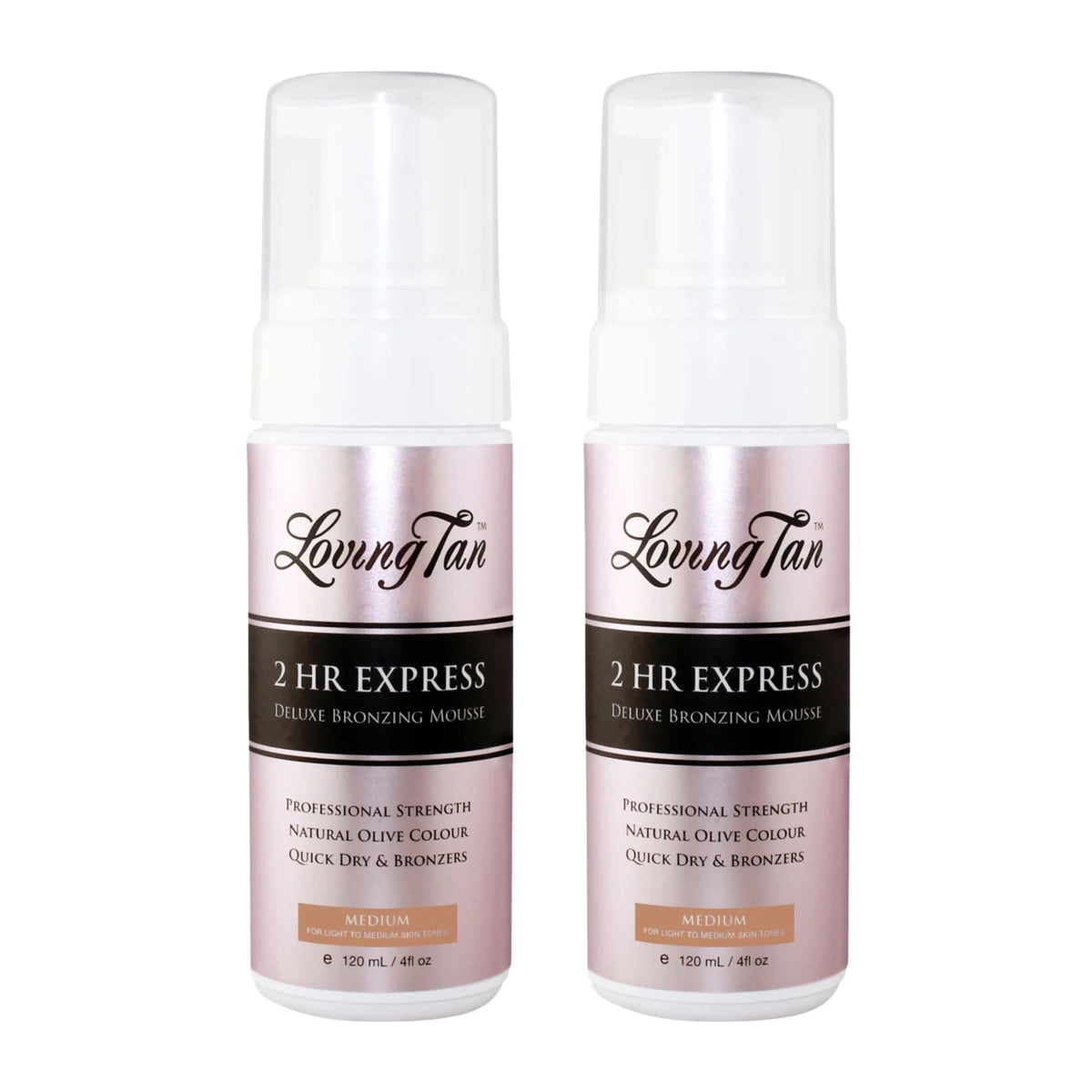 Two bottles of Loving Tan 2 HR Express Deluxe Bronzing Mousse on a white background