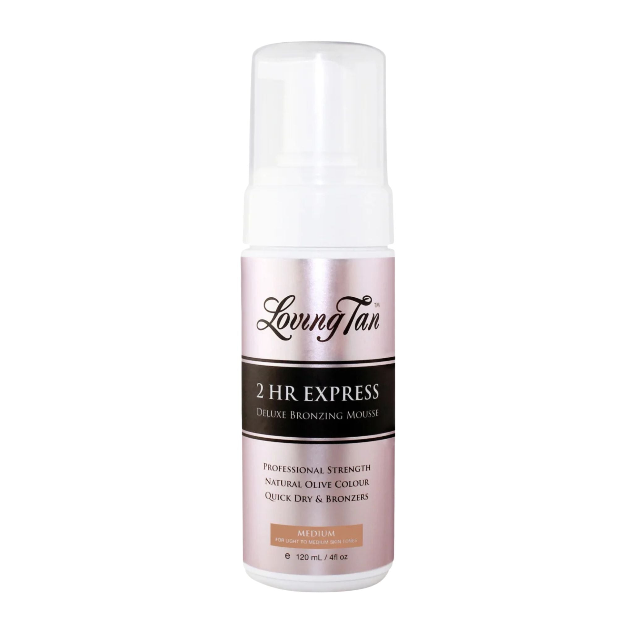 Loving Tan 2 HR Express bronzing mousse bottle on a white background