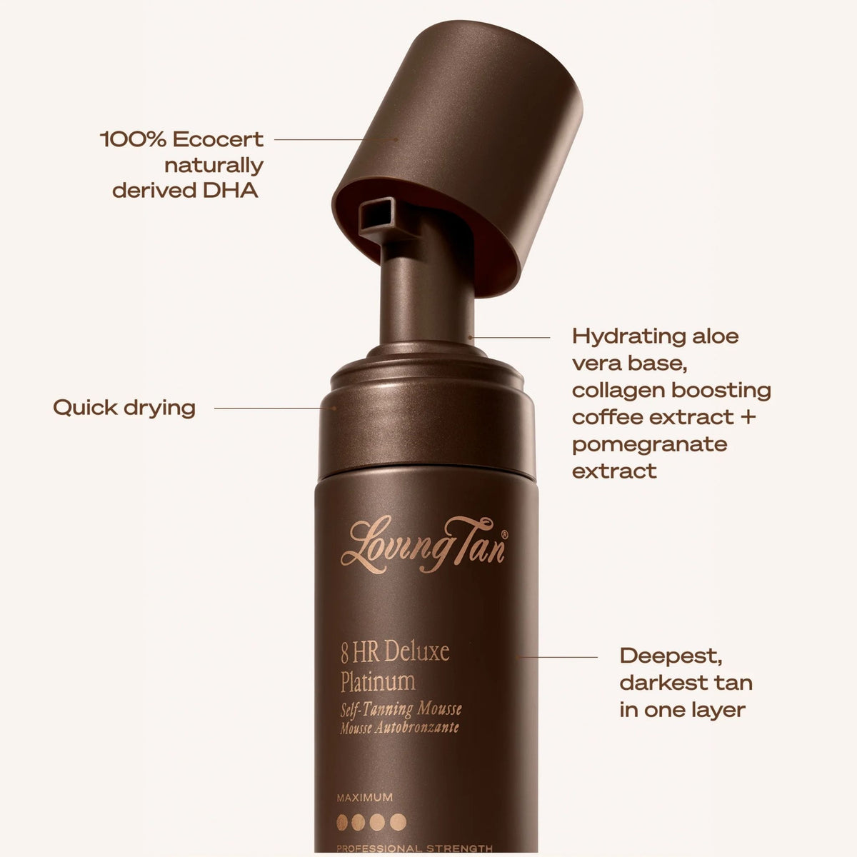 A bottle of LoungTan 8 HR Deluxe Platinum self-tanning mousse on a light beige background with callout text describing its features and ingredients.