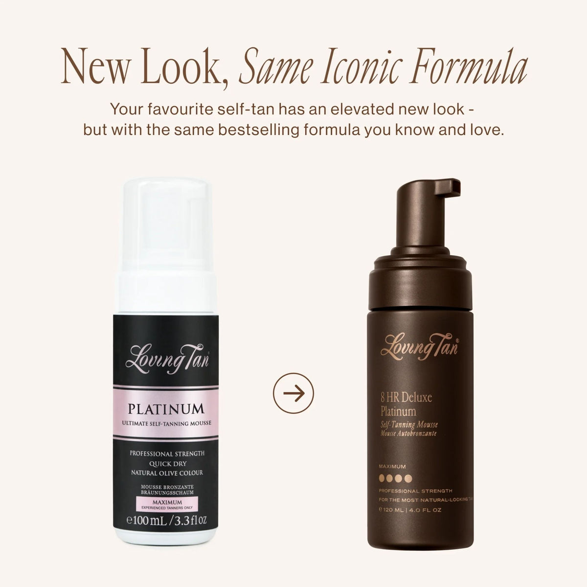 Two self-tan products from Loving Tan on a white background with promotional text.