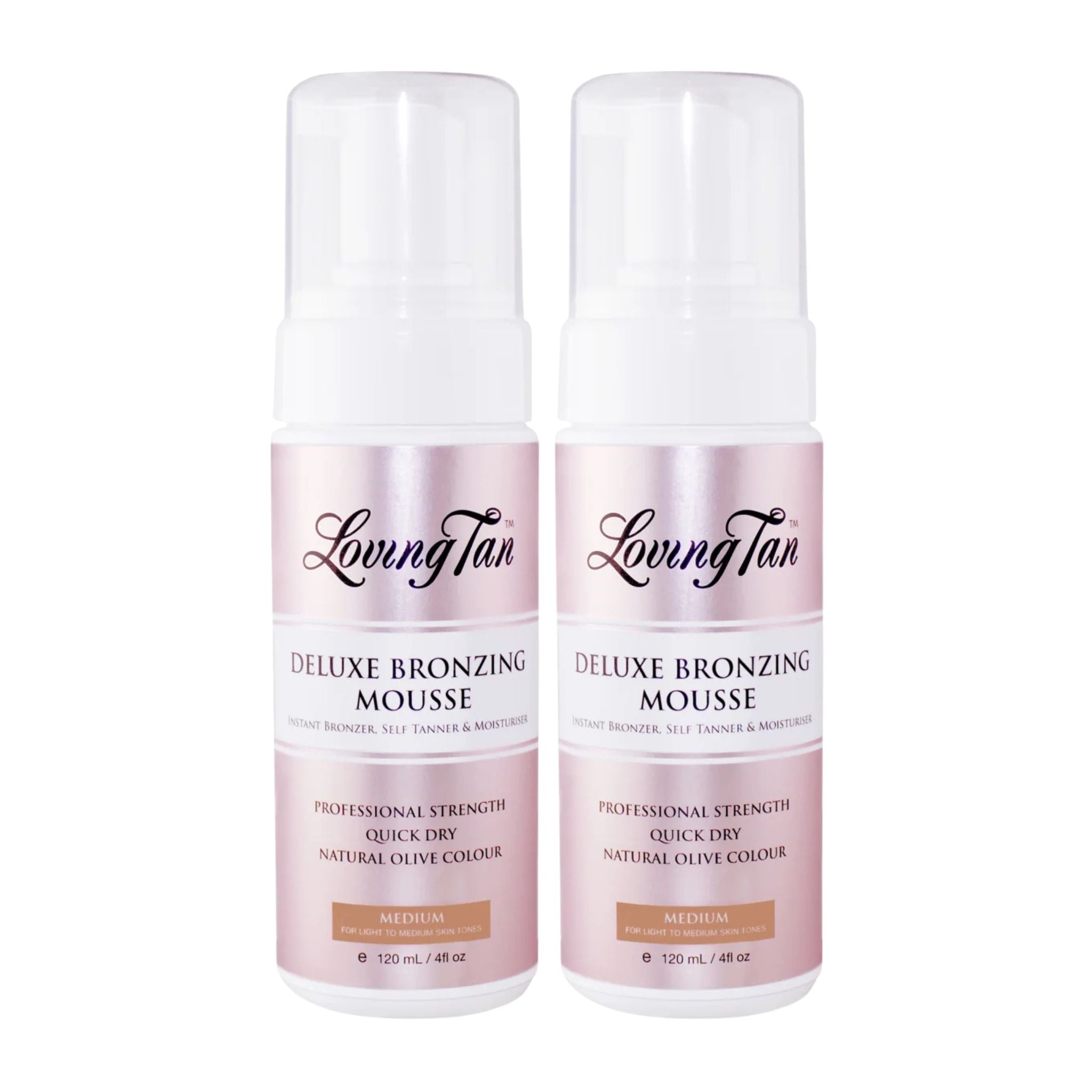Two bottles of Loving Tan Deluxe Bronzing Mousse on a white background
