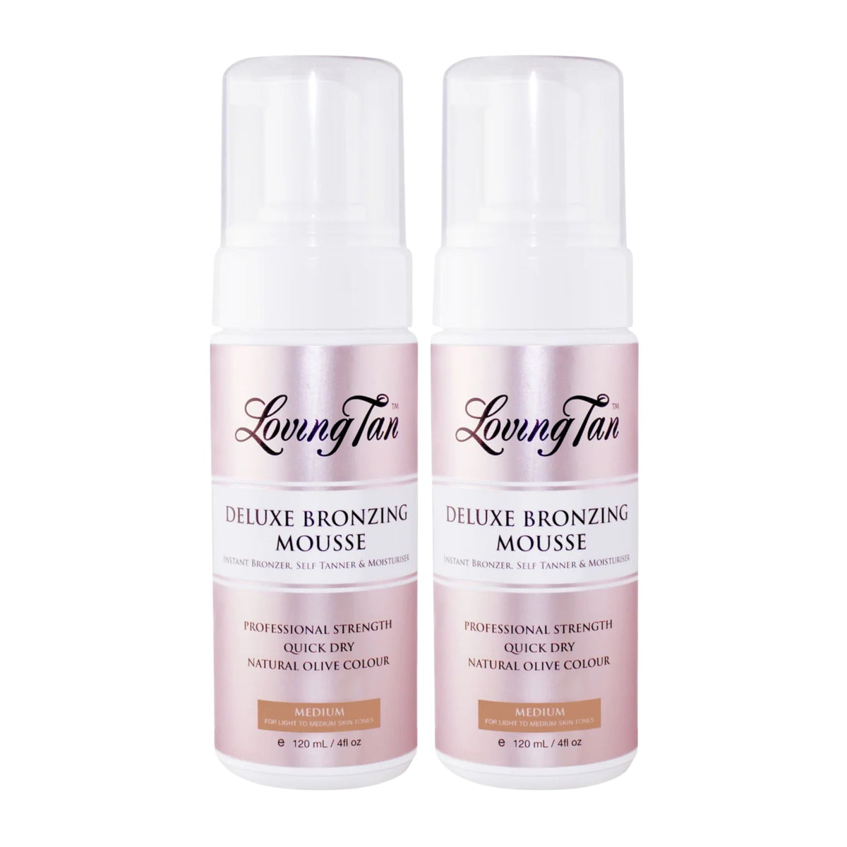 Two bottles of Loving Tan Deluxe Bronzing Mousse on a white background