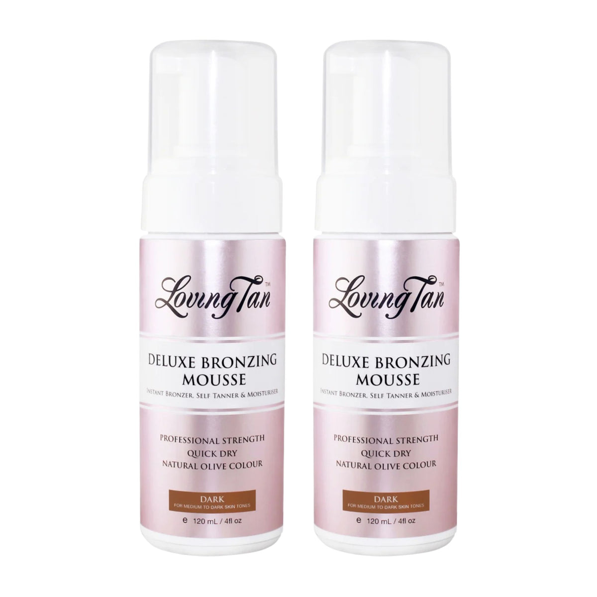 Two bottles of Loving Tan Deluxe Bronzing Mousse on a white background