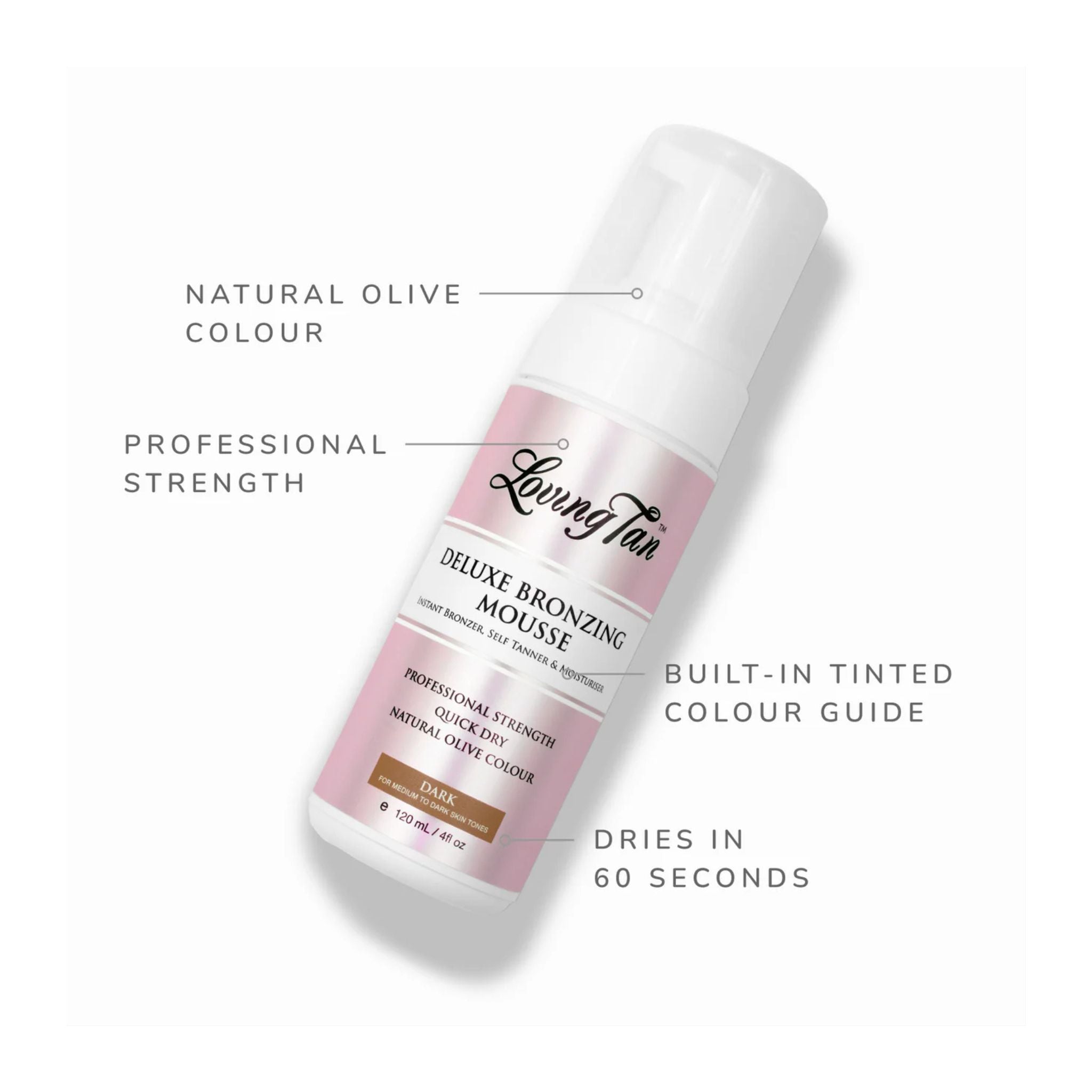 Living Tan Deluxe Bronzing Mousse bottle with features highlighted on a white background