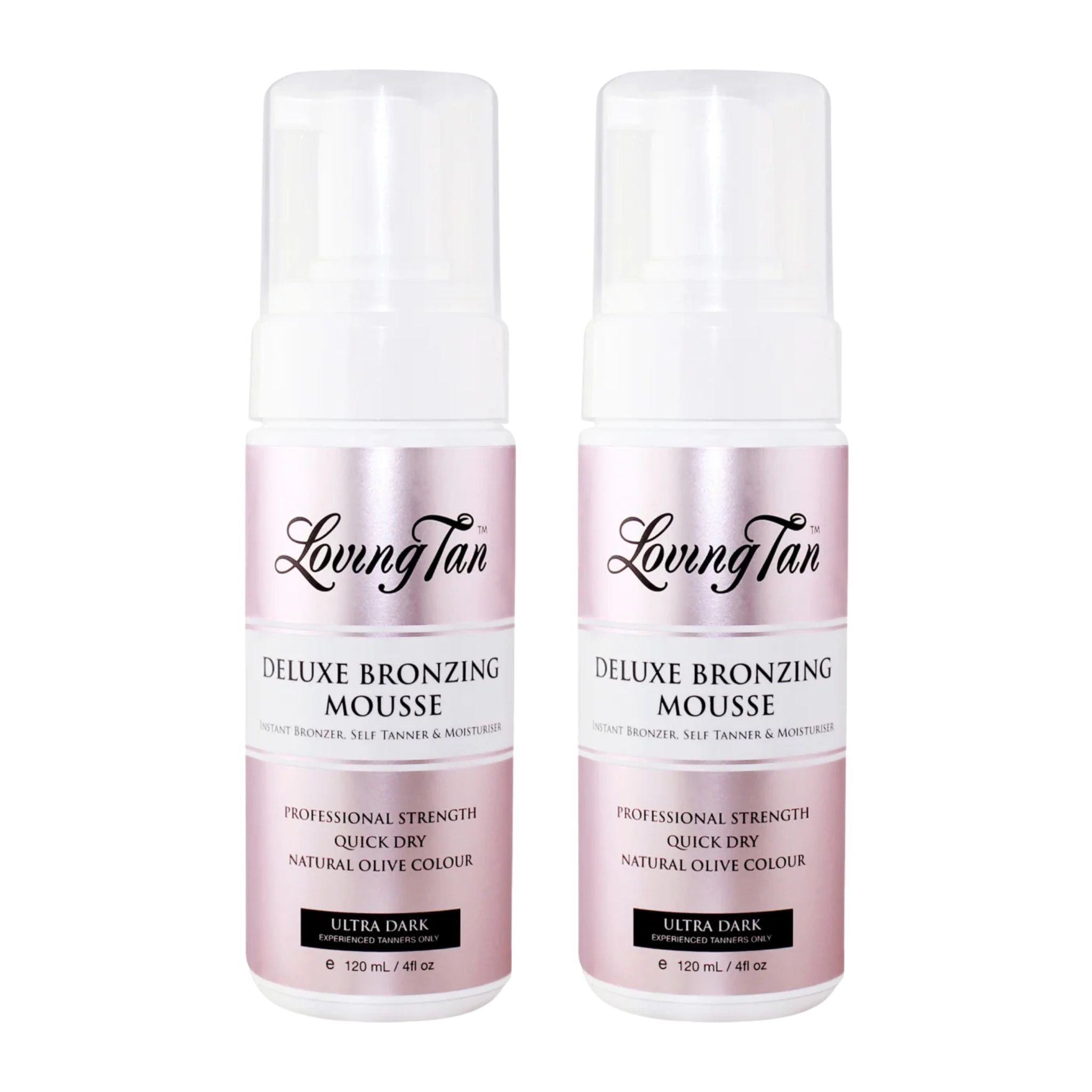 Two bottles of Loving Tan Deluxe Bronzing Mousse on a white background