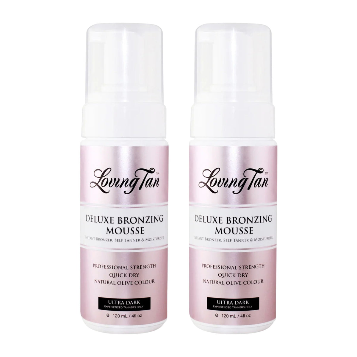Two bottles of Loving Tan Deluxe Bronzing Mousse on a white background