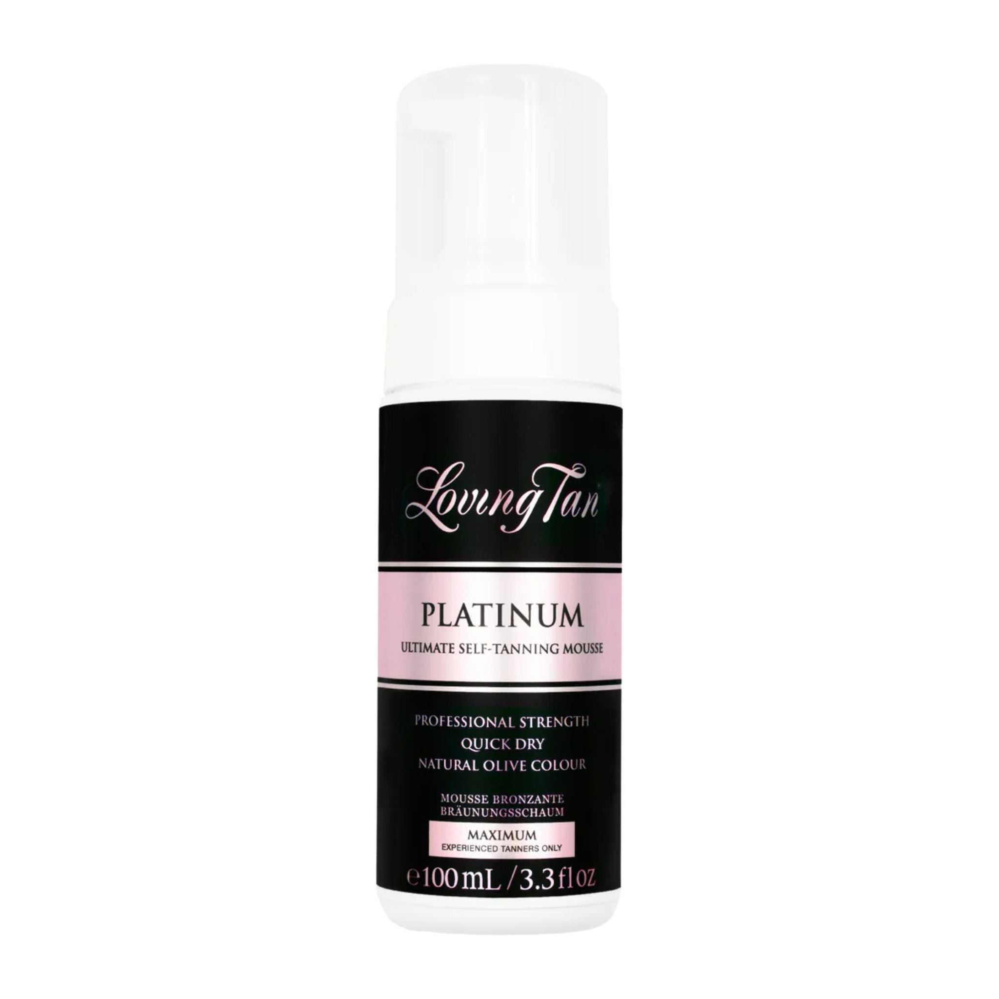 Loving Tan Platinum self-tanning mousse bottle on a white background