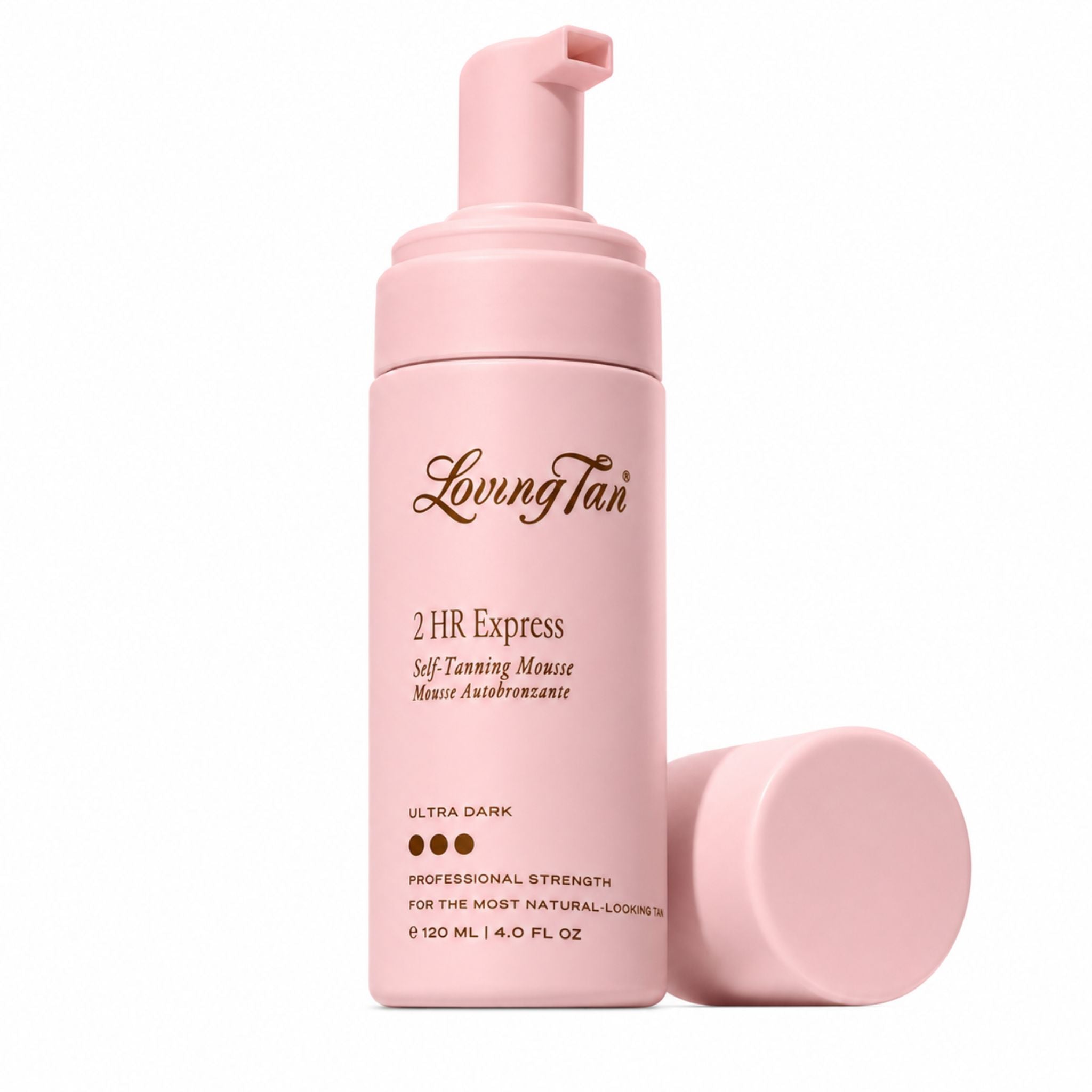Pink self-tanning product with 'Loving Tan' branding on a white background