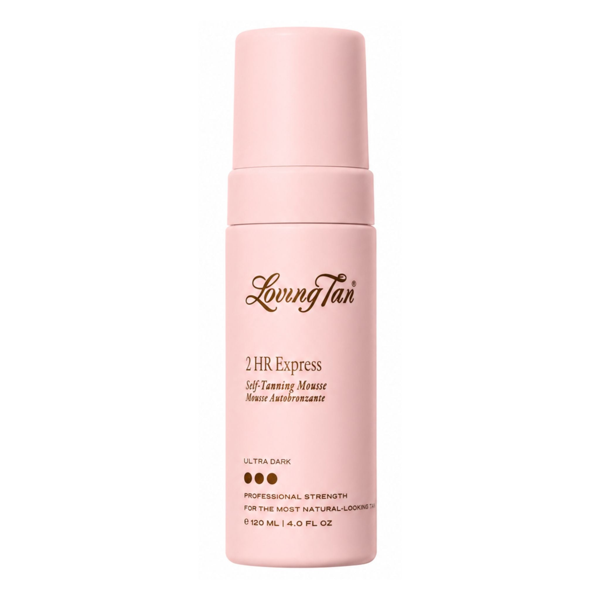 Pink bottle of Loving Tan 2HR Express Self Tanning Mousse on a white background