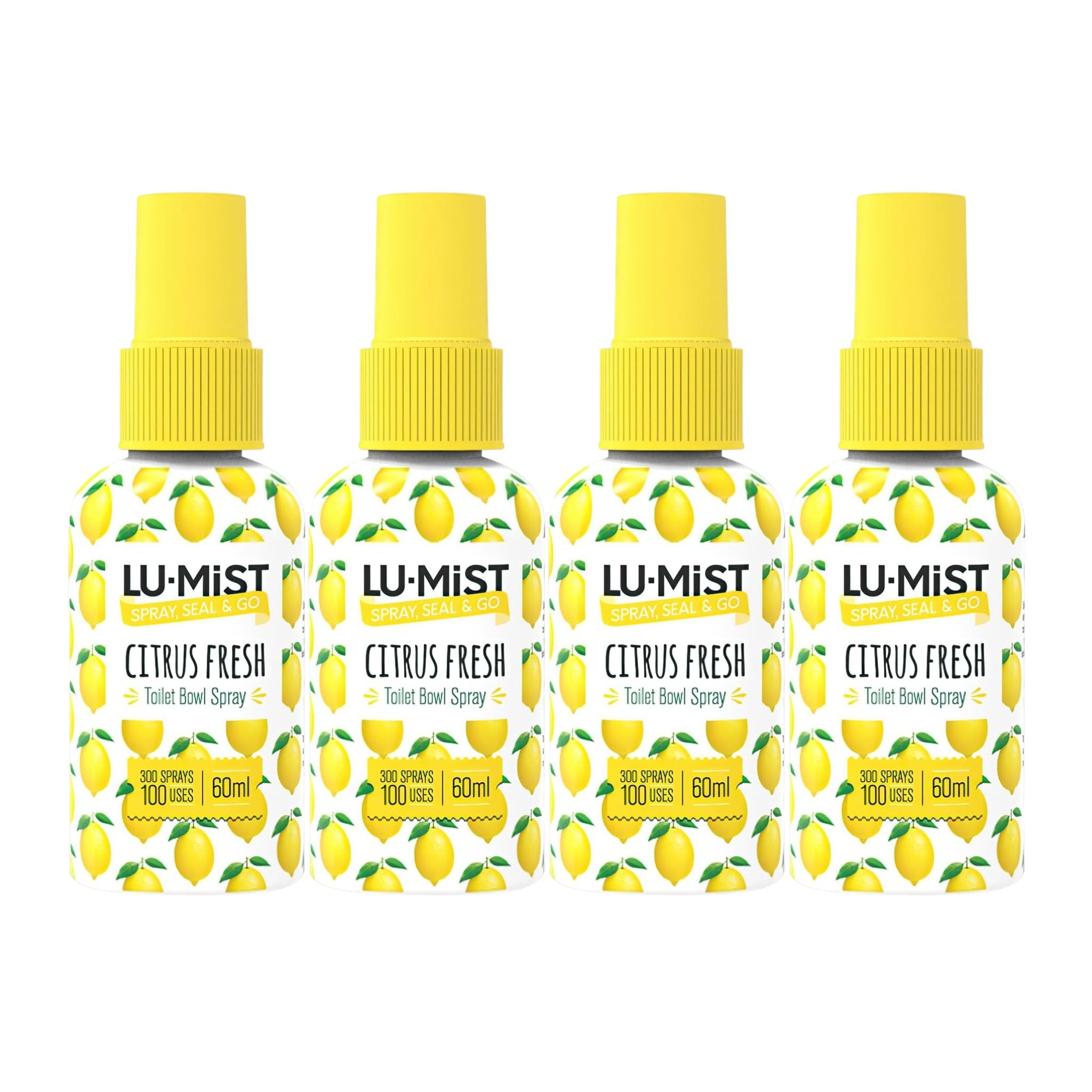 Four bottles of Lu-Mist Citrus Fresh toilet bowl spray on a white background